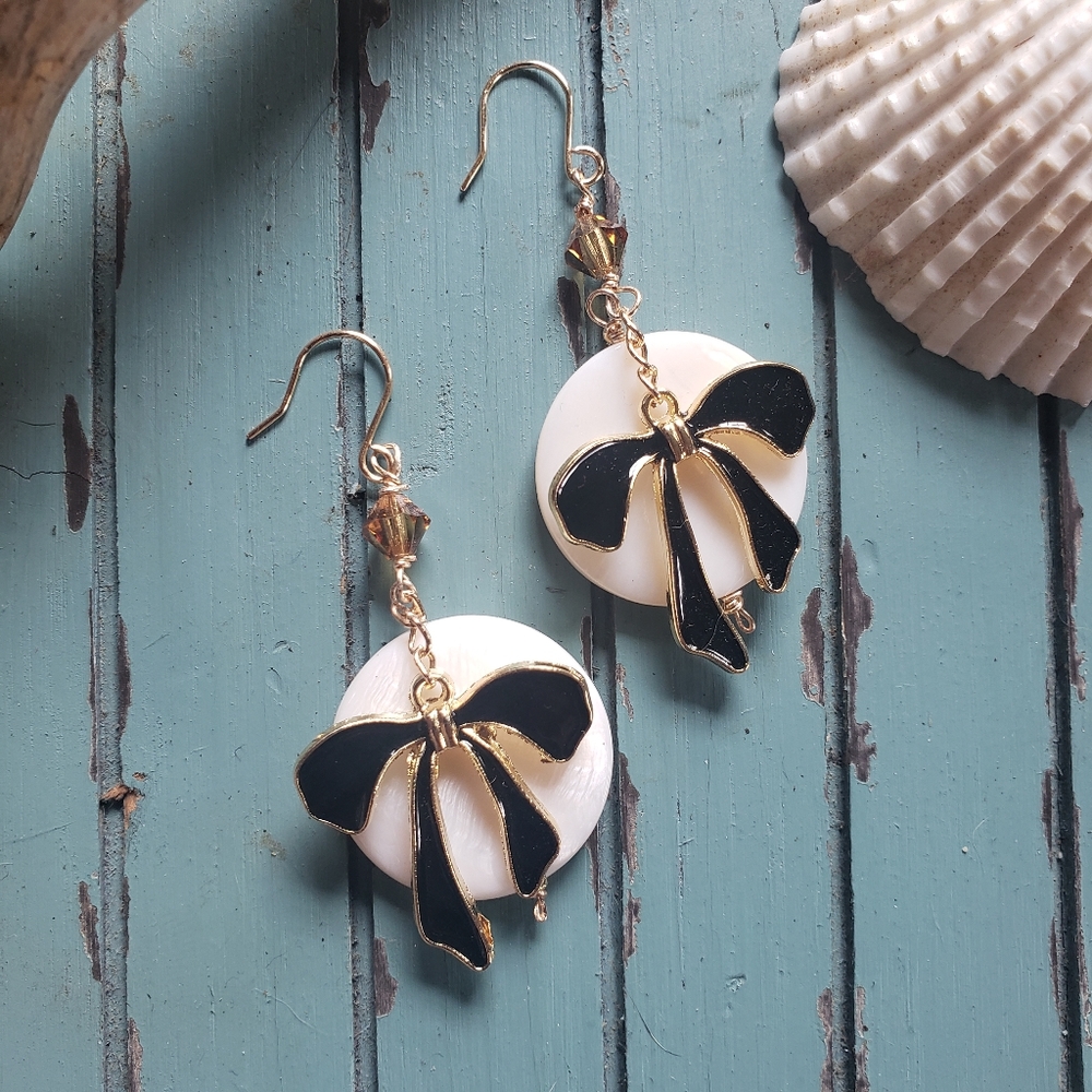 Black Ribbons Swarovski Crystals Seashell Gold Earrings Holiday & Christmas Gift